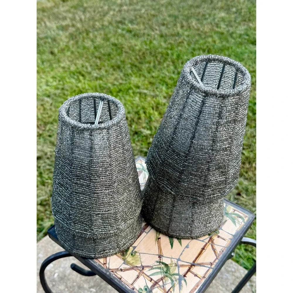 VTG Set of 4 Silver Beaded Chandelier Lamp Shades Clip On Small Sconce Covers